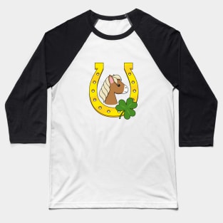 Cute Brown Horse with Golden Horse Shoe and Shamrock Baseball T-Shirt